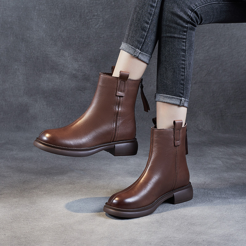 Genuine Leather Women's Shoes 2025 Autumn and Winter New British Retro Rear Zipper Thick Heel Boots Boots Slim Boots Women's Short Boots