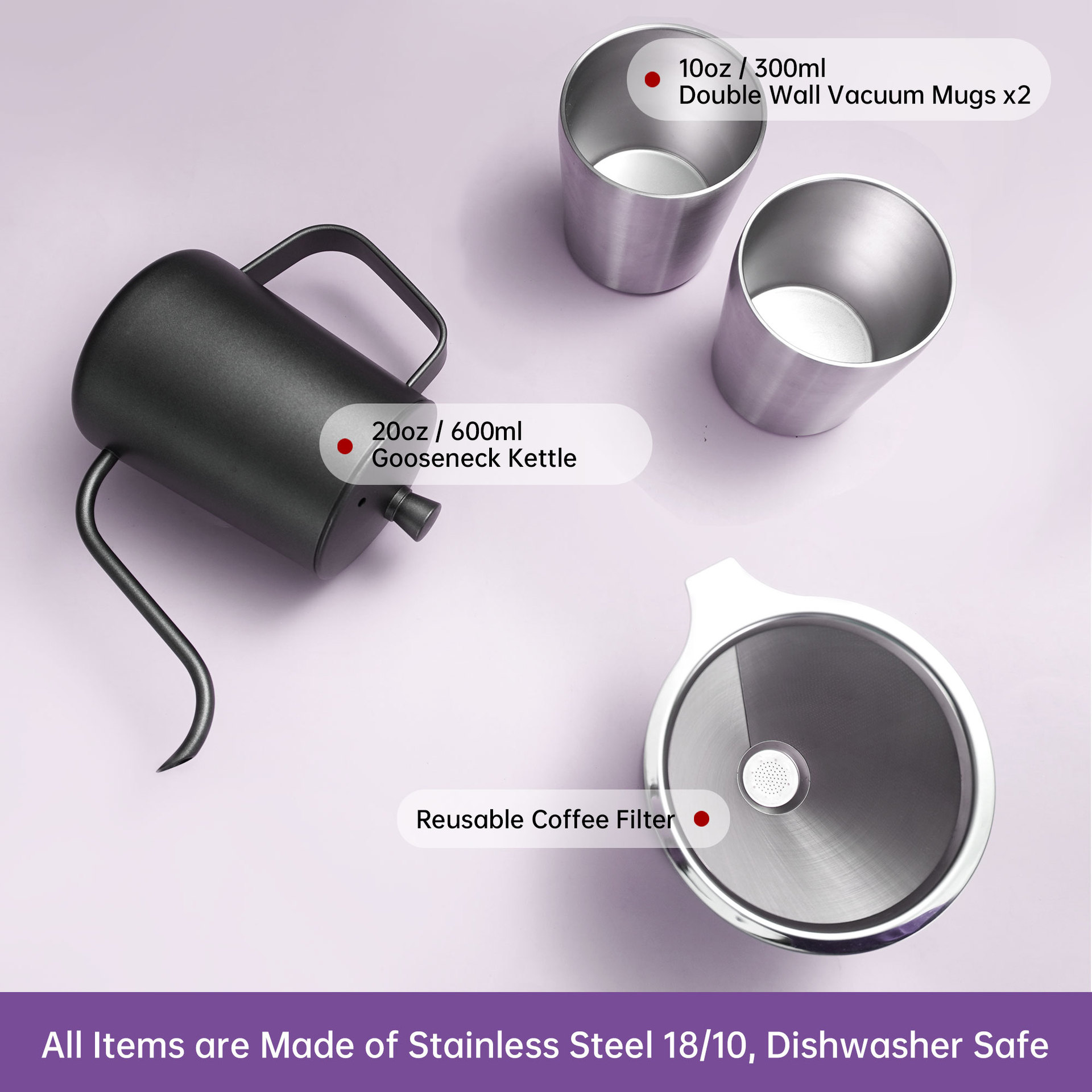 24 años nuevo juego de café de mano de acero inoxidable para viajes al aire libre caja de regalo de cuatro piezas juego de cafetera de mano