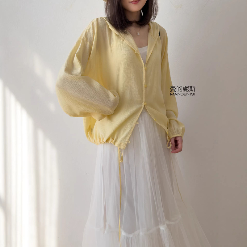 Loose-Fitting Mulberry Silk Hooded Sun Protection Shirt! Bubble Wrinkle Drawstring Hem Breathable and Cool Silk Cardigan Jacket for Women Loose-Fitting Mulberry Silk Hooded Sun Protection Shirt! Bubble Wrinkle Drawstring Hem Breathable and Cool Silk Cardigan Jacket for Women