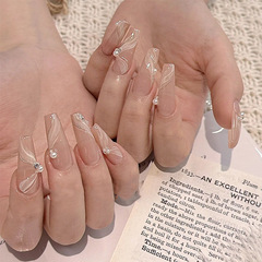 法式輕奢大理石紋珍珠絲帶穿戴甲長款假指甲成品美甲貼片指甲貼片