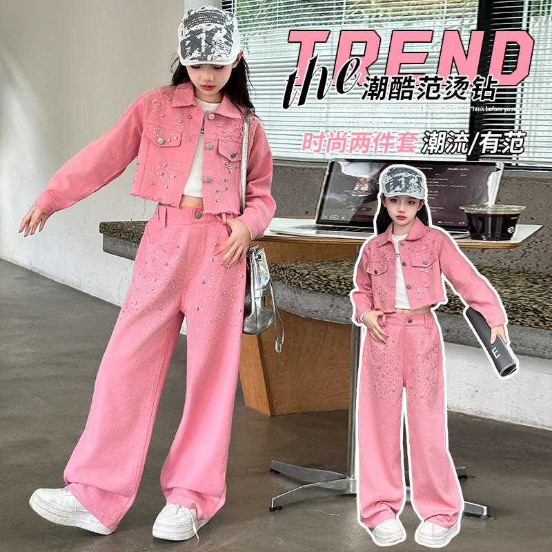 Girls Fashion Foreign Style suit 2025 Spring and Autumn New Girl Trendy Cool Hot Drilling Denim Coat Wide Leg Pants suit