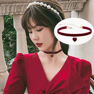 Cross-border European and American collar clavicle chain wine red velvet love necklace neck chain choker neck strap accessories women
