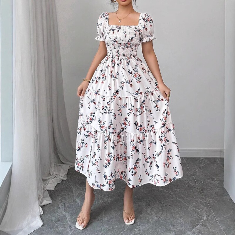 Women's Long Dress with Floral Print, New Style for 2026, Available on European and American Independent Websites, Amazon, and Aliexpress, White Floral Dress