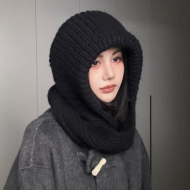 韓国版無地バラクラバ帽子秋冬暖かい防風ネックプロテクションニットスカーフ帽子オールインワンつば帽子|undefined