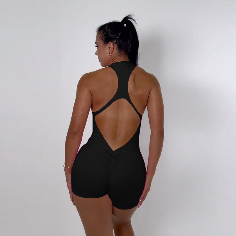 YL25070 Pantalones cortos de una pieza de secado rápido europeos y americanos para mujer, pantalones de yoga con cremallera ajustada hueca chica caliente