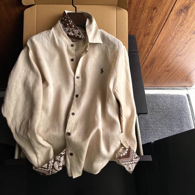 Old Money Style Raw Linen Cashew Flower Embroidered Shirt Men's Light and Relaxed Vacation Casual Linen Sun Protection Shirt