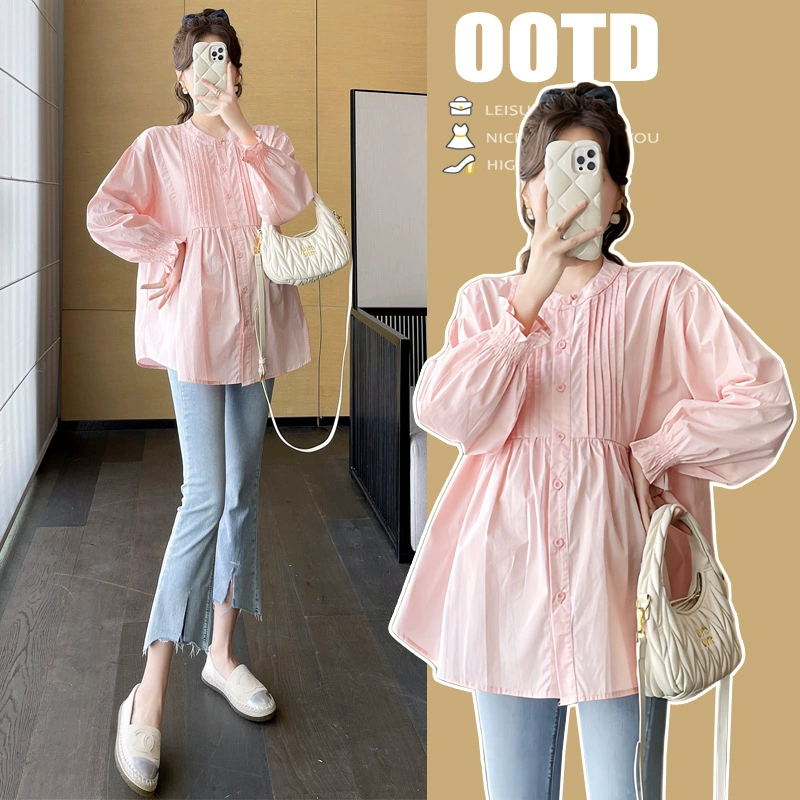 Новая модная розовая рубашка-блузка с длинным рукавом для беременных, весна 2025