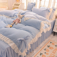 Winter Milk Velvet Edge Bedding Set with Thick Fleece Princess Style Bed Skirt, Light Blue Girl Heart Korean Version