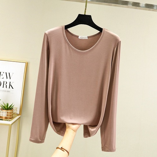 Round Neck Loose Modal Autumn Women's Plus Size Long Sleeve T-Shirt Winter Simple Base Shirt Plain Color Thin Top