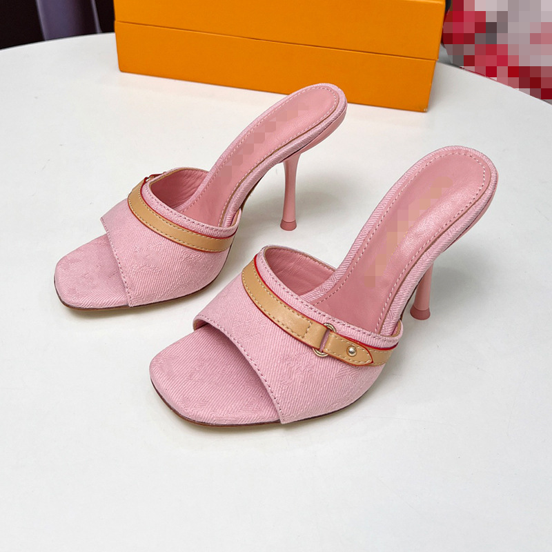 European and American Fashion High-Heeled Slippers 2025 New Super Popular Denim Embroidered Printed Sandals Stiletto Heel Elegant Cross-Border Trend