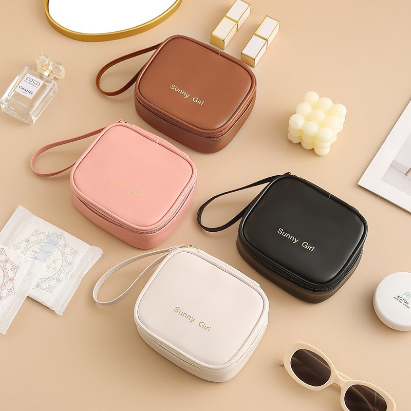 Custom small PU leather cosmetics bag travel portable menstrual sanitary pad organizer jewelry storage bag