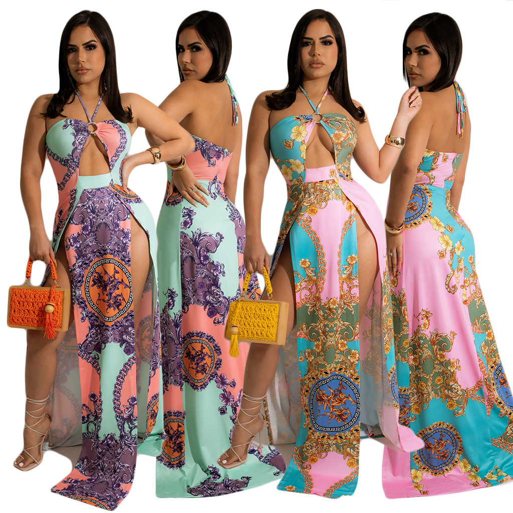 printing backless halterneck hollow slit dress NSGCX126555