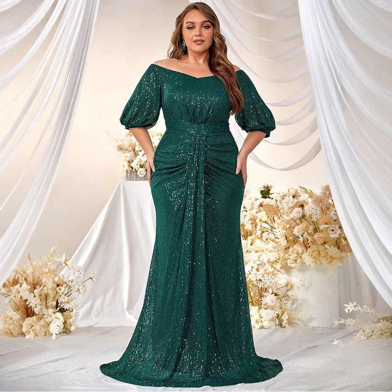 Cross-border New plus size Evening Gown European and American Sequins Elegant V-Neck Mid-sleeve Large Sleeve Slim-fit dress Banquet Gown Cross-border New plus size Evening Gown European and American Sequins Elegant V-Neck Mid-sleeve Large Sleeve Slim-fit dress Banquet Gown