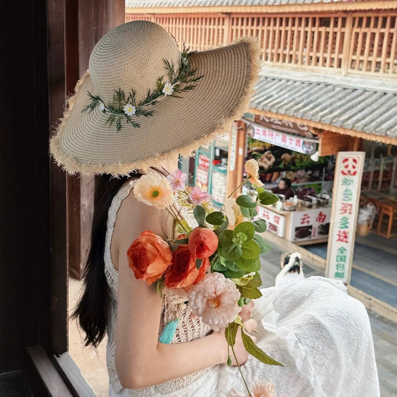 48cm大帽檐拉菲草帽度假民族风草帽雏菊花朵遮阳防晒帽子女沙滩帽|undefined