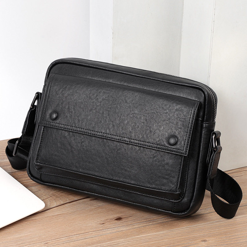 Túi đeo chéo nam da bò thật kiểu ngang cỡ nhỏ 29×11×17 cm — Màu đen
