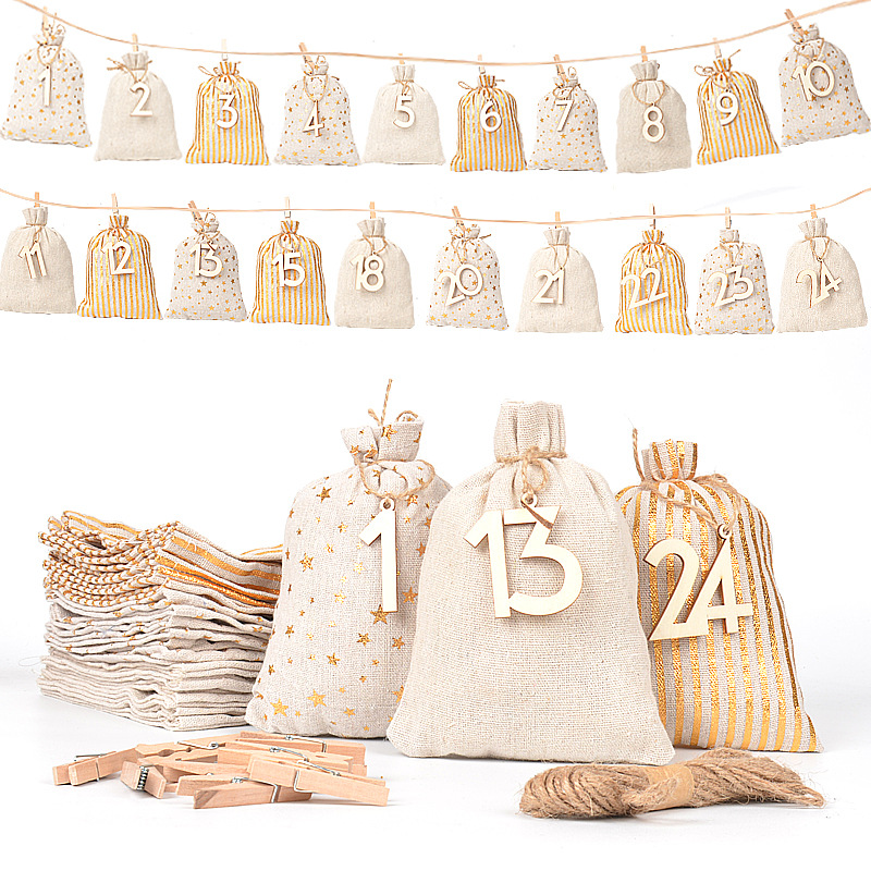 跨境热销圣诞倒计时麻布袋木质1-24数字吊牌礼品包装派对装饰套装