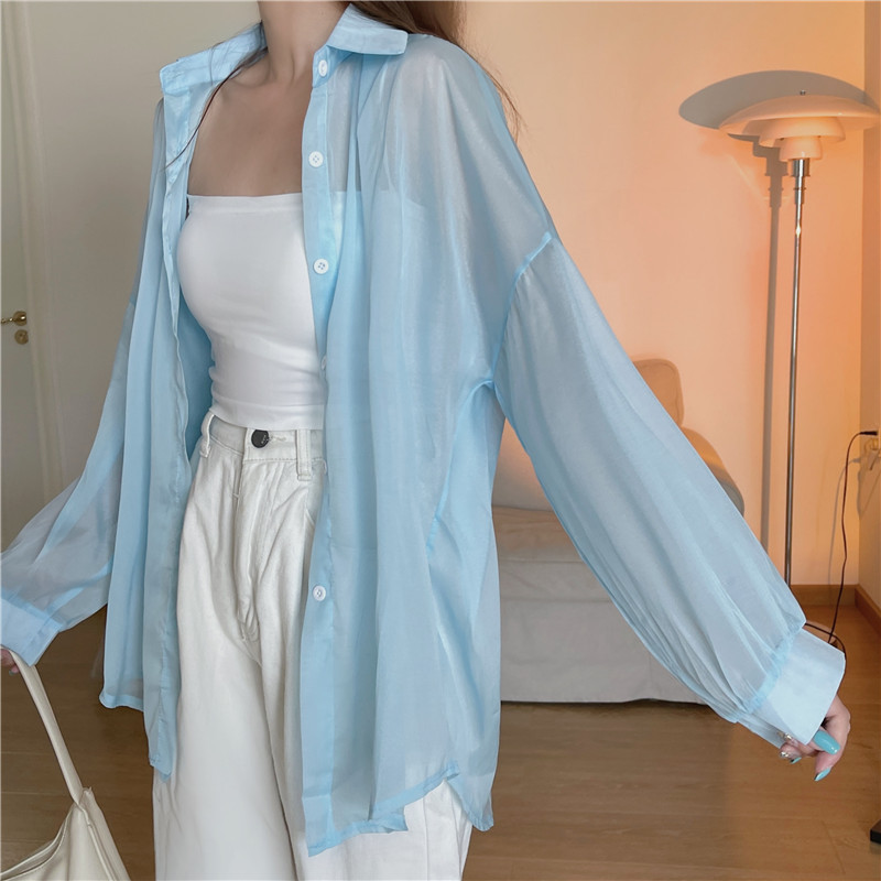 112g Weight Long Sleeve Sleeve Length Single Breasted Placket Type Shirtsleeve Sleeve Type Polyester, Chiffon Fabric Type Regular Top Length Cardigan Tops Type Holiday Occasion Shirt Collar Neckline Loose Fit Type Solid Color Pattern Summer, Spring Season Women's Gender Casual Style Wholesale Women's Casual Solid Color Long Sleeve Blouses 66