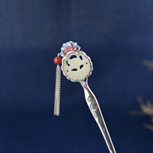 金鹿王 S925银发簪 典雅文艺景泰蓝工艺和田玉石莲花流苏长款银簪