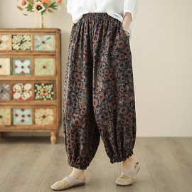 2025实拍夏季新款新高档款宽松大码女装显瘦印花松紧腰气质哈伦裤