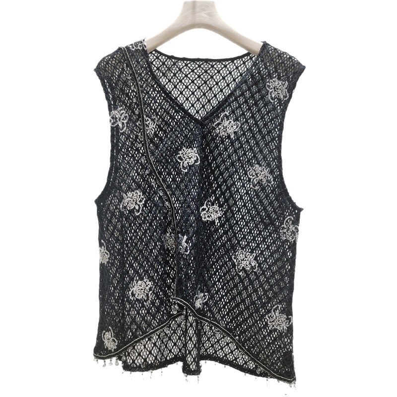 Temperamento exquisito chaleco bordado de viento chaleco elegante mujer cuello redondo sin mangas camiseta de encaje verano image 5