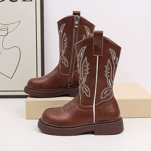 Embroidered Thick-Heeled Western Cowboy Boots for Women, Mid-Calf Martin Boots, Chelsea Boots, Inner Heightening Long Knight Boots, Dropshipping