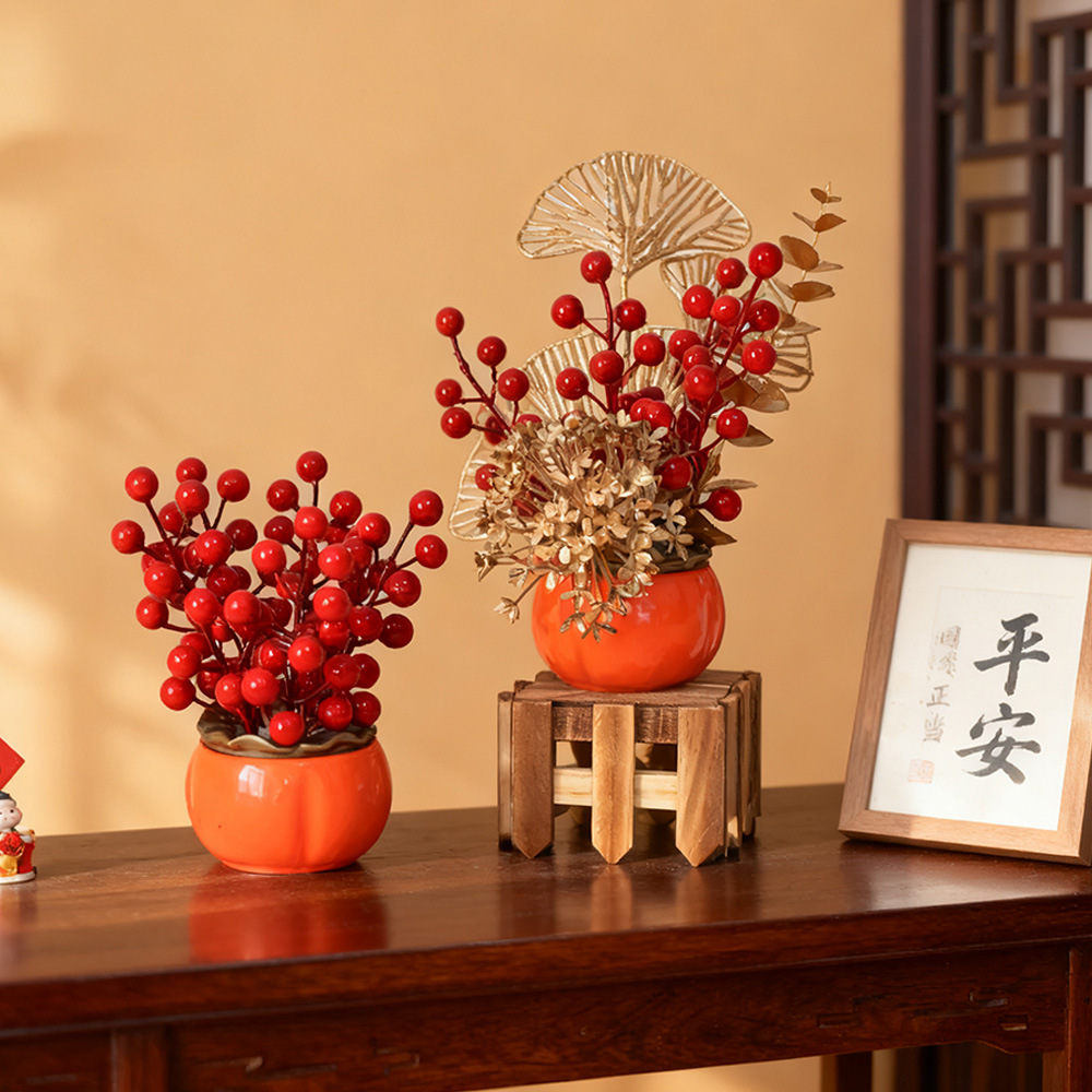 Flores de imitación de flores de fruta de riqueza de vacaciones de Año Nuevo decoración de casa de boda barril de caqui ornamentos de decoración de decoración