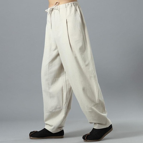 Summer Meditation Cotton-Linen Men's Lantern Pants Chinese Ethnic Style Linen Monk’s Garment Zen-inspired Wide-Legged Long Pants for Men