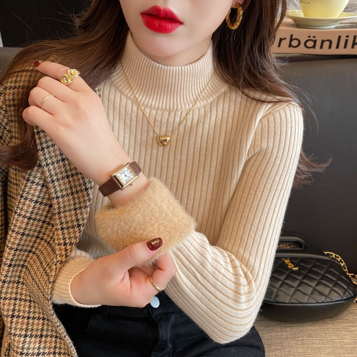 高领加绒毛衣女加厚一体绒宽松外穿年秋冬新款保暖针织打底衫