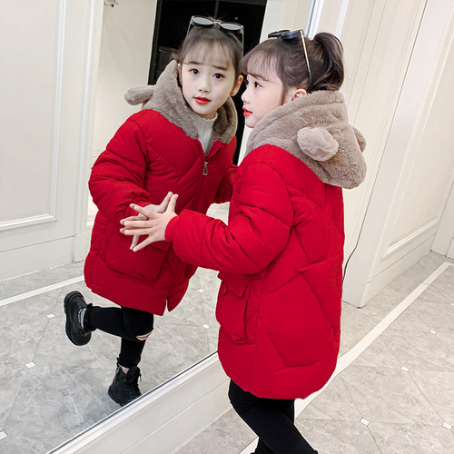 Winter New Girls' Cotton Jacket Korean Style for Middle Children, Thick Medium-Length Padded Hooded Bear Fleece Coat Trendy