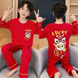 Children's Pajamas Boy's Cotton Long Sleeve Spring and Autumn Korean Style Cartoon Mid-Big Boy's Round Neck Boys' Home Clothes suit