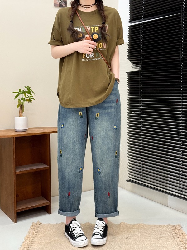 文学レトロ花刺繍ストレッチジーンズ女性の春夏の新しいルーズプラスサイズスリム多用途ハーレムパンツ|undefined