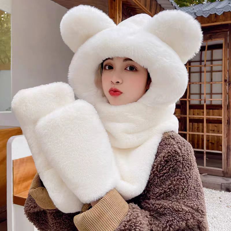 Otoño y invierno nuevo oso sombrero bufandas en una mujer invierno lindo guantes de cuello para niñas ciclismo conjunto de tres piezas