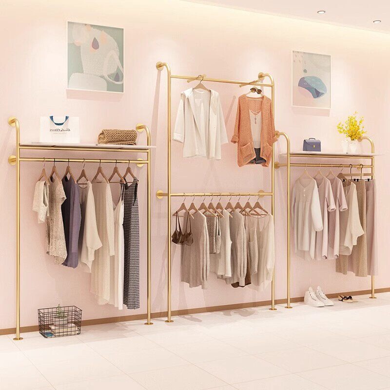 Clothing Store Display Rack, Wall-Mounted Double-Layer Clothing Rack for Women's Clothing Stores, Gold Color