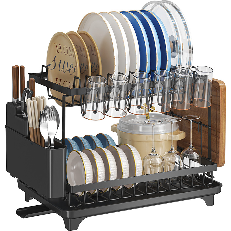 Estante de almacenamiento de drenaje de cocina Taza multifuncional de doble capa de platos de almacenamiento de palillos cuchillos y tenedores de filtro de agua platos de platos de platos