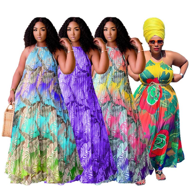 Women's Clothing ins women's clothing Summer fashion pleated straps printed backless large size large swing skirt_voghion.com