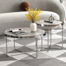 轻奢不锈钢钢化玻璃子母茶几韩式小户型圆形边几客厅家用酒店jω