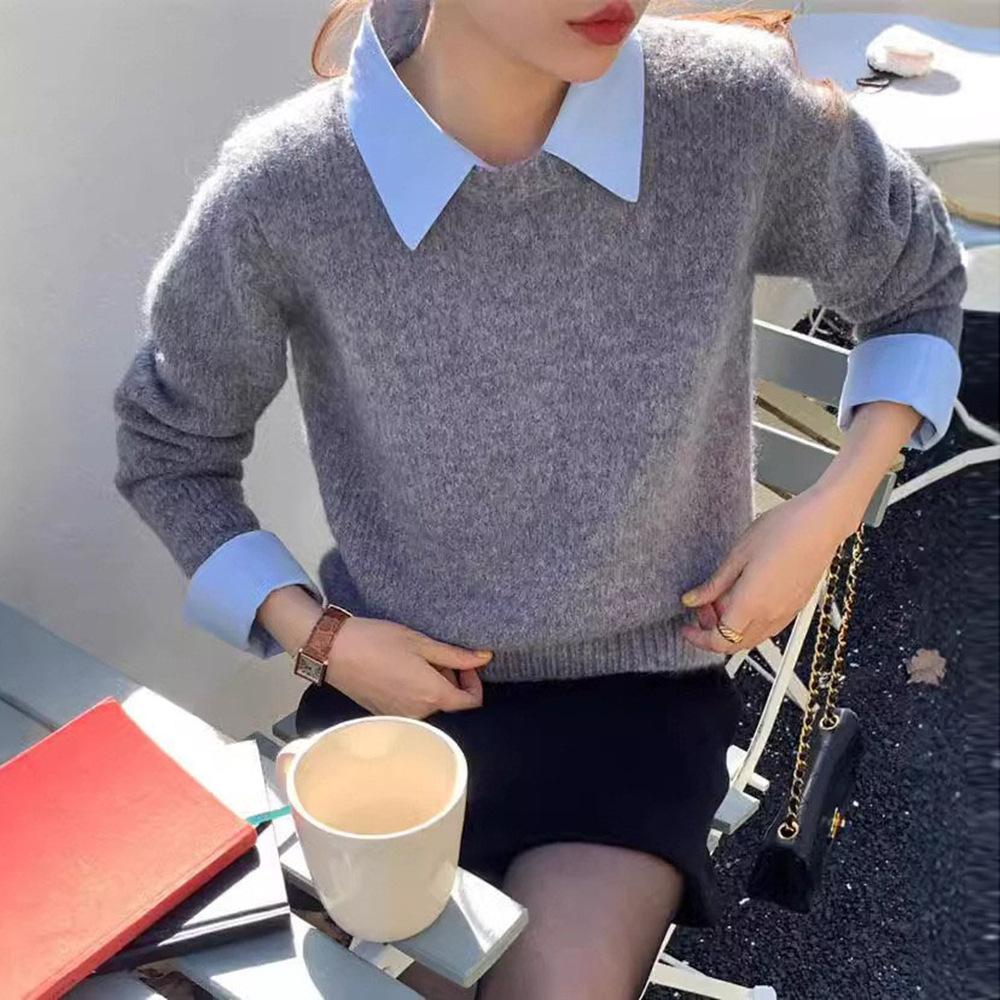 日系拼接衬衫领假两件针织衫外穿秋冬新款毛衣显瘦百搭毛衣女上衣
