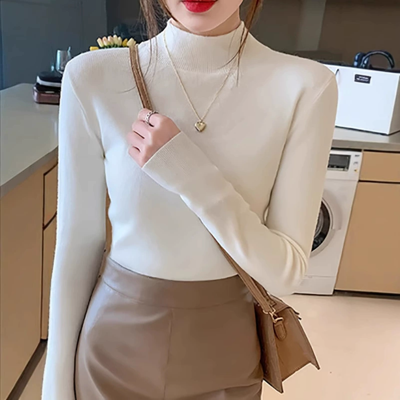 Бестселлер Amazon для международных продаж: новый стильный трикотаж для весны и осени, свитер с полувысоким воротником, приталенный топ с длинным рукавом и средним воротником.