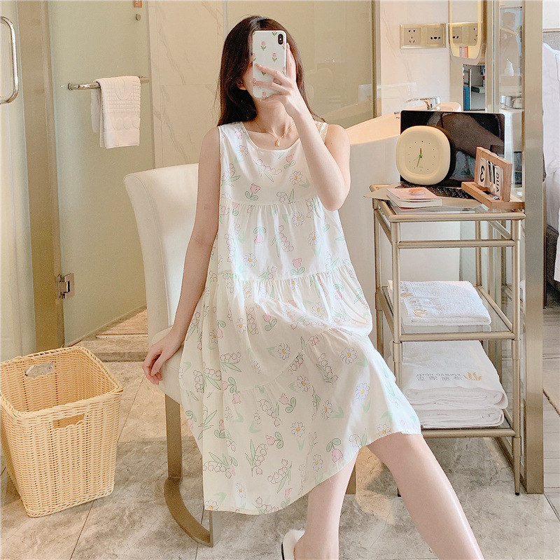 Camisón de seda de algodón para mujer, estilo fino de verano, pijamas estampados de gran tamaño de celebridades de Internet, nueva ropa de hogar sin mangas al por mayor en 2025