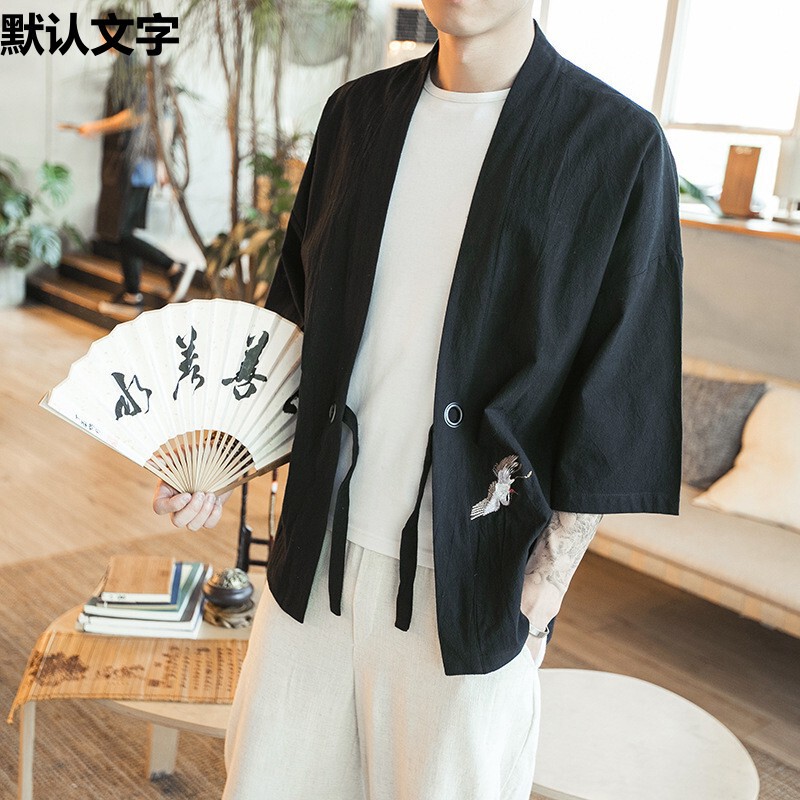 Spring and Summer Thin Loose Hanfu Coat Chinese Style Vintage Crane Embroidered Taoist Robe Japanese Kimono Cardigan Men's Jacket