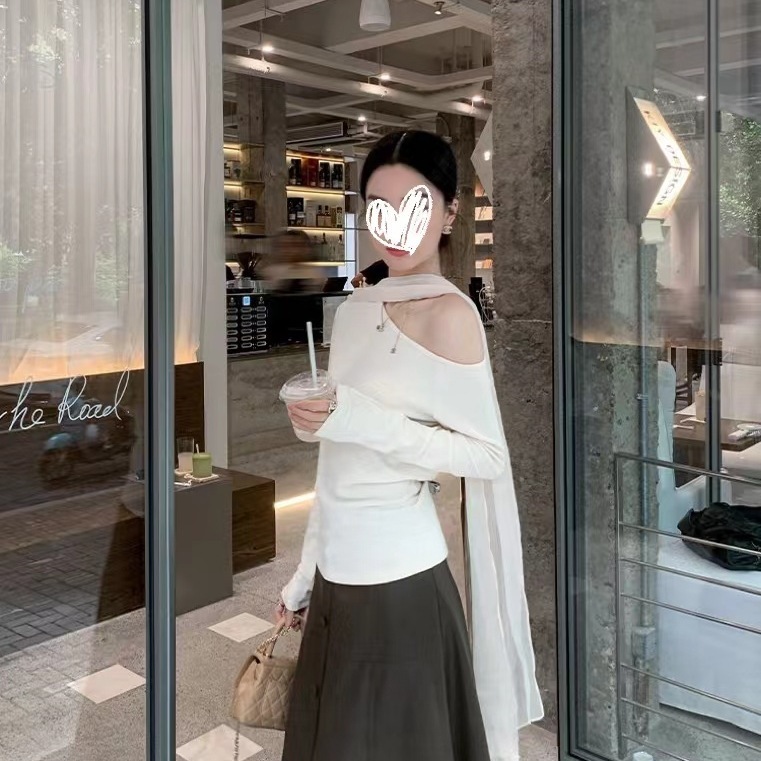 飘带设计纯色不对称斜肩长袖恤女2025秋修身显瘦上衣白色黑色|undefined