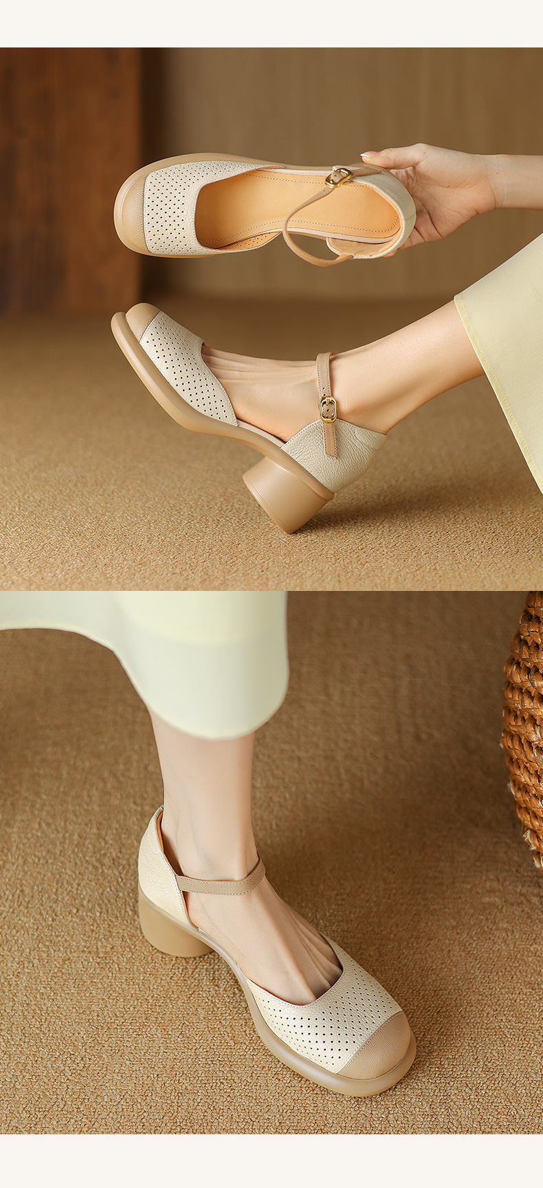 Sandal nữ mũi đục lỗ da cừu đế dày gót thô — Màu trắng be chi tiết 11