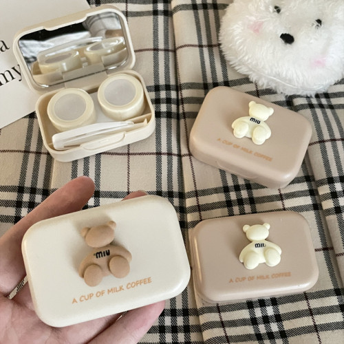 Milk tea color ~ ins style contact lens box, small and portable double companion box, contact lens box, cute bear B75