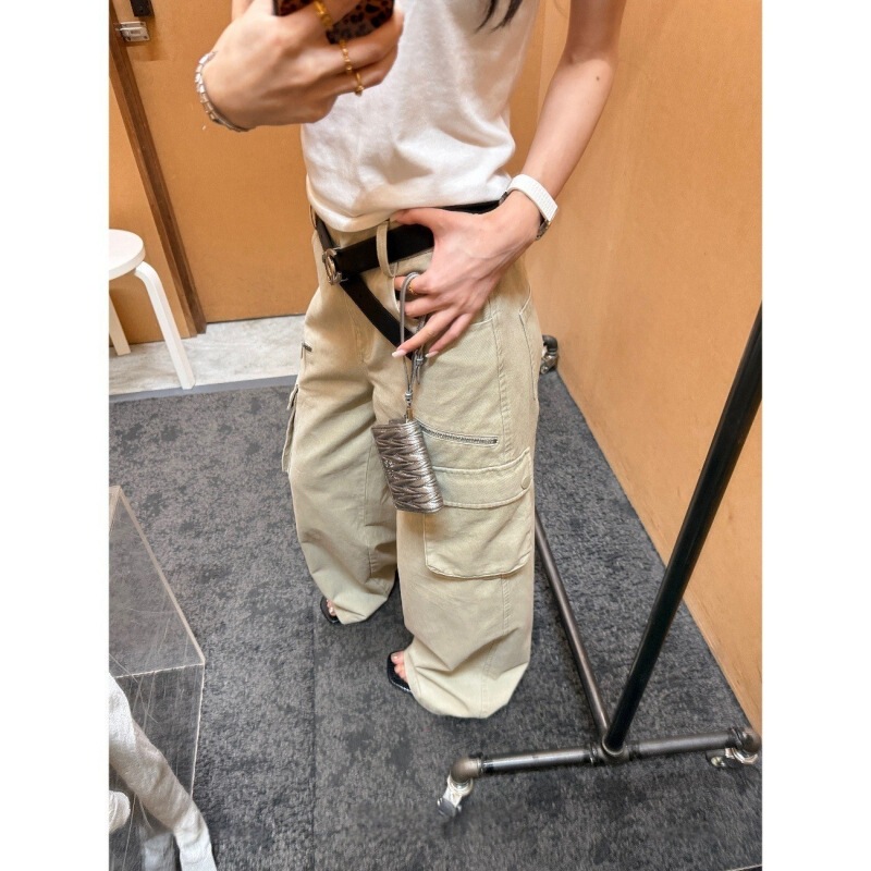 Sunoneone Multi-Pocket Loose Straight-Leg American Retro Khaki Work Pants for Women, Spring Washed Casual Pants