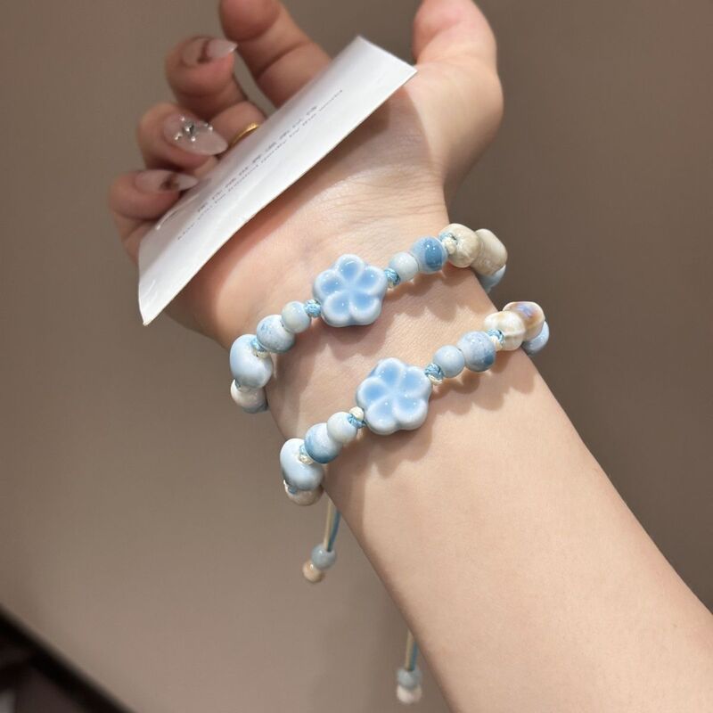 Braided Series Handmade Rope Ceramic Bracelet Cute Little Fresh Five-Petal Flower Simple Versatile Adjustable Jewelry