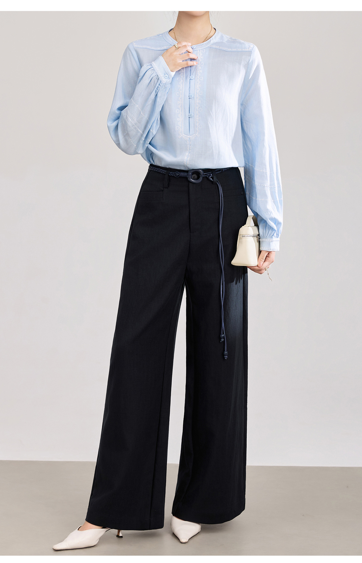 Quần culottes nữ ống rộng chất liệu cotton pha linen mát lạnh — Xanh lông mòng đen chi tiết 22