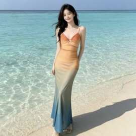 度假渐变超好看性感辣妹印花吊带连衣裙女2026夏季新款色镂空长裙