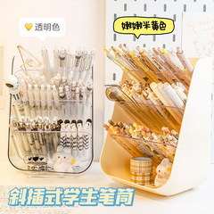 Large Capacity Slant Insert Pen Holder for Girls Students Desk Tabletop Transparent Sectional Storage Box Organizer