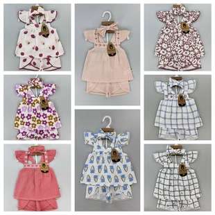 Cross-Border Original Export Bear Crepe Girl Baby Summer Three-Piece Suit Flying Sleeve Top + Shorts