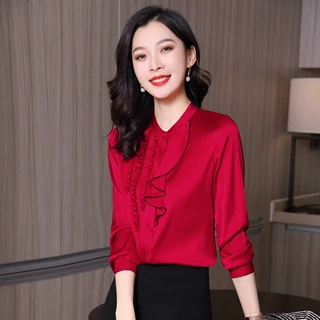 杭州重磅桑蚕丝木边耳纯色气质优雅女士衬衫春季新款长袖衬衫女